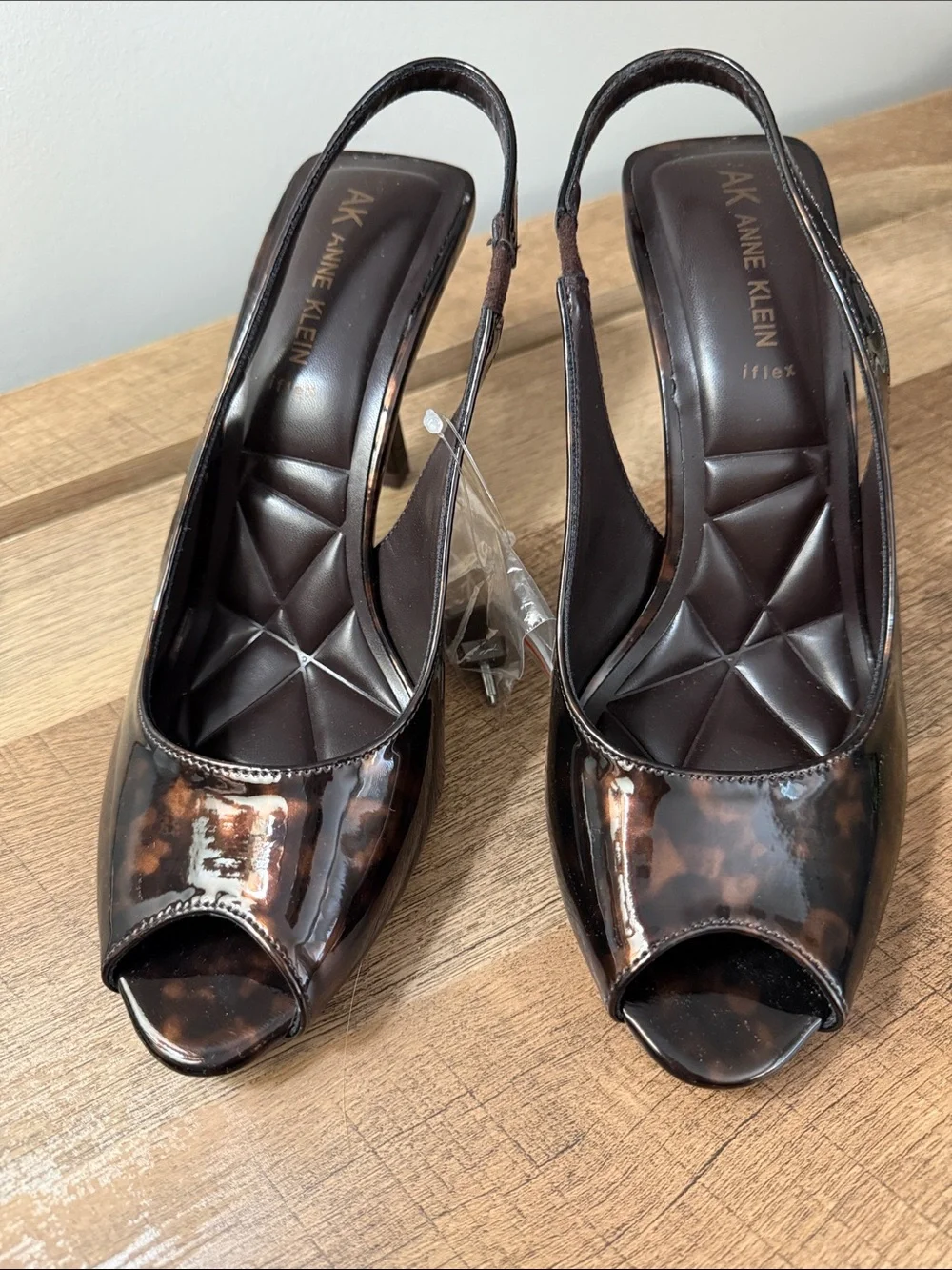 Anne Klein Dark Brown Tortoise Patent Peep-Toe Slingbacks, NWTs, size 9